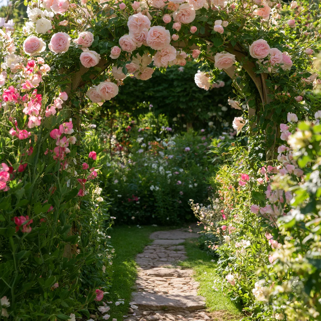 English cottage garden design with climbing rose arch and sweet peas over stone path in June morning light