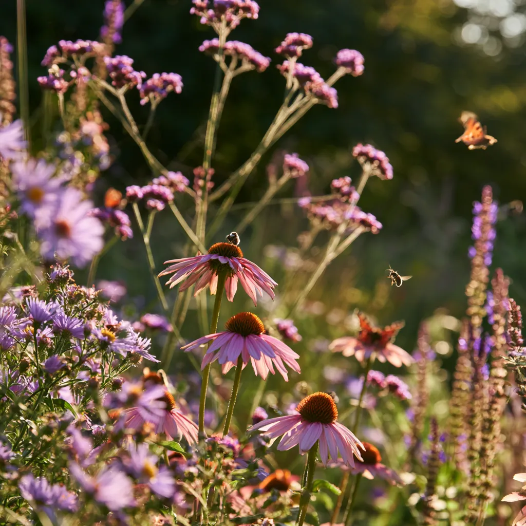 English garden pollinator border design with echinacea and late summer cottage planting in warm afternoon light