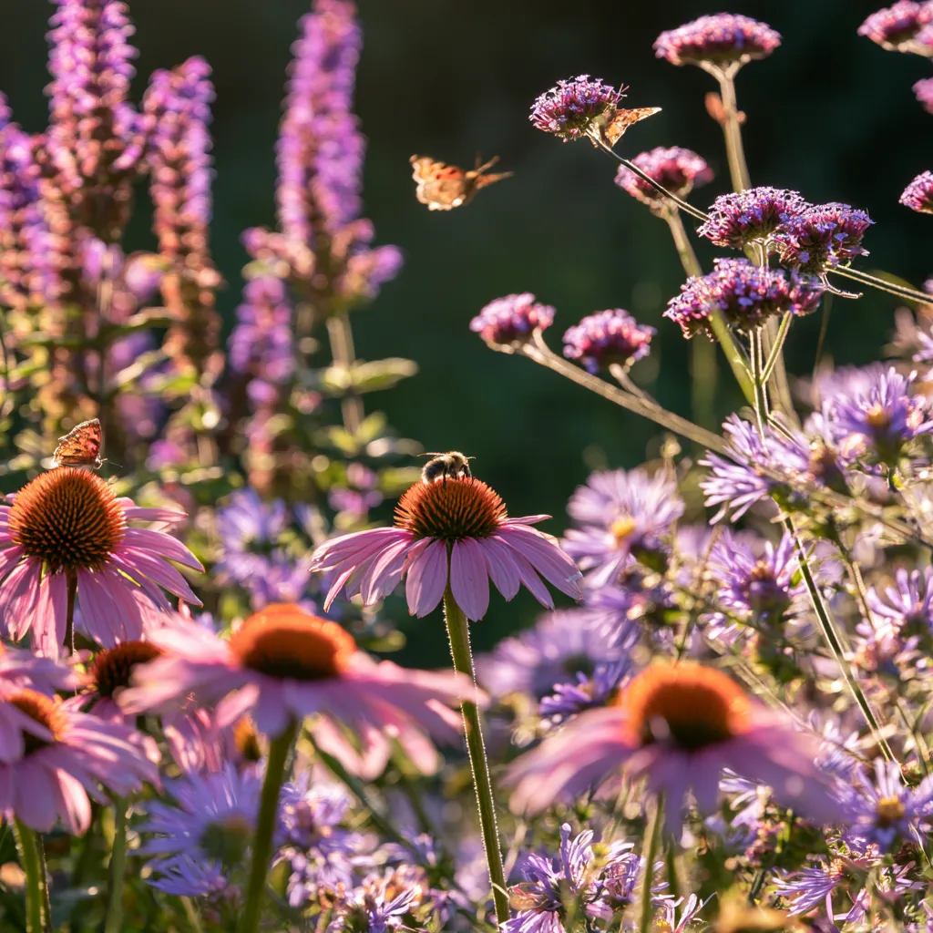 English cottage garden planting plan for wildlife with Echinacea and Verbena bonariensis supporting bees and butterflies