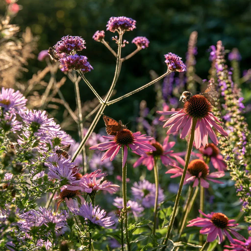 Cottage garden design ideas for pollinators with late summer border of echinacea aster and salvia with bee activity