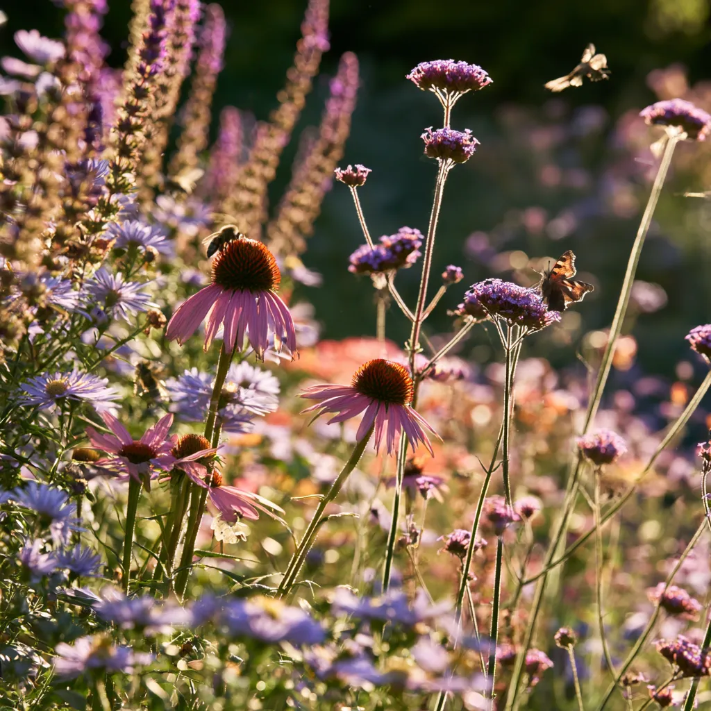 Wildlife cottage garden planting plan with Verbena bonariensis Echinacea and butterfly in September border