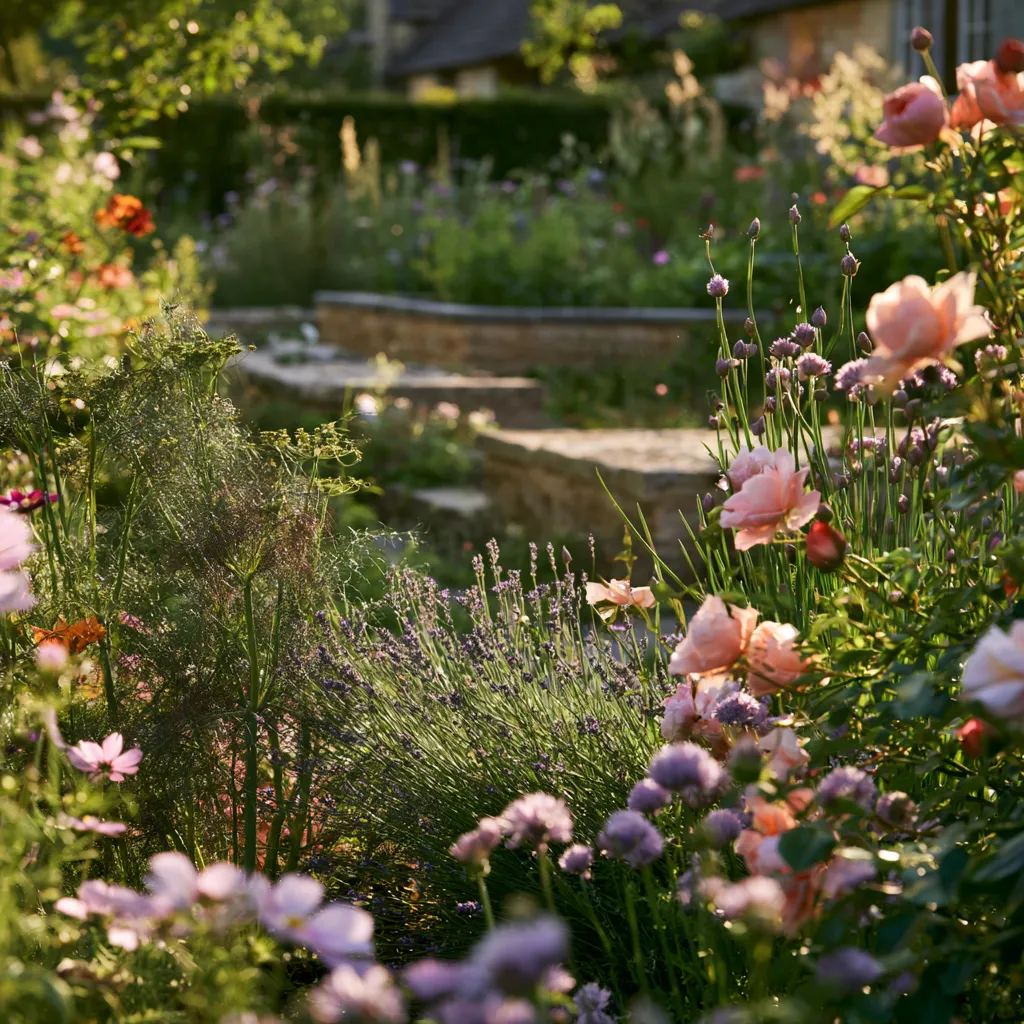 English cottage garden design with herbs and flowers mixed in traditional planting plan of lavender fennel and roses