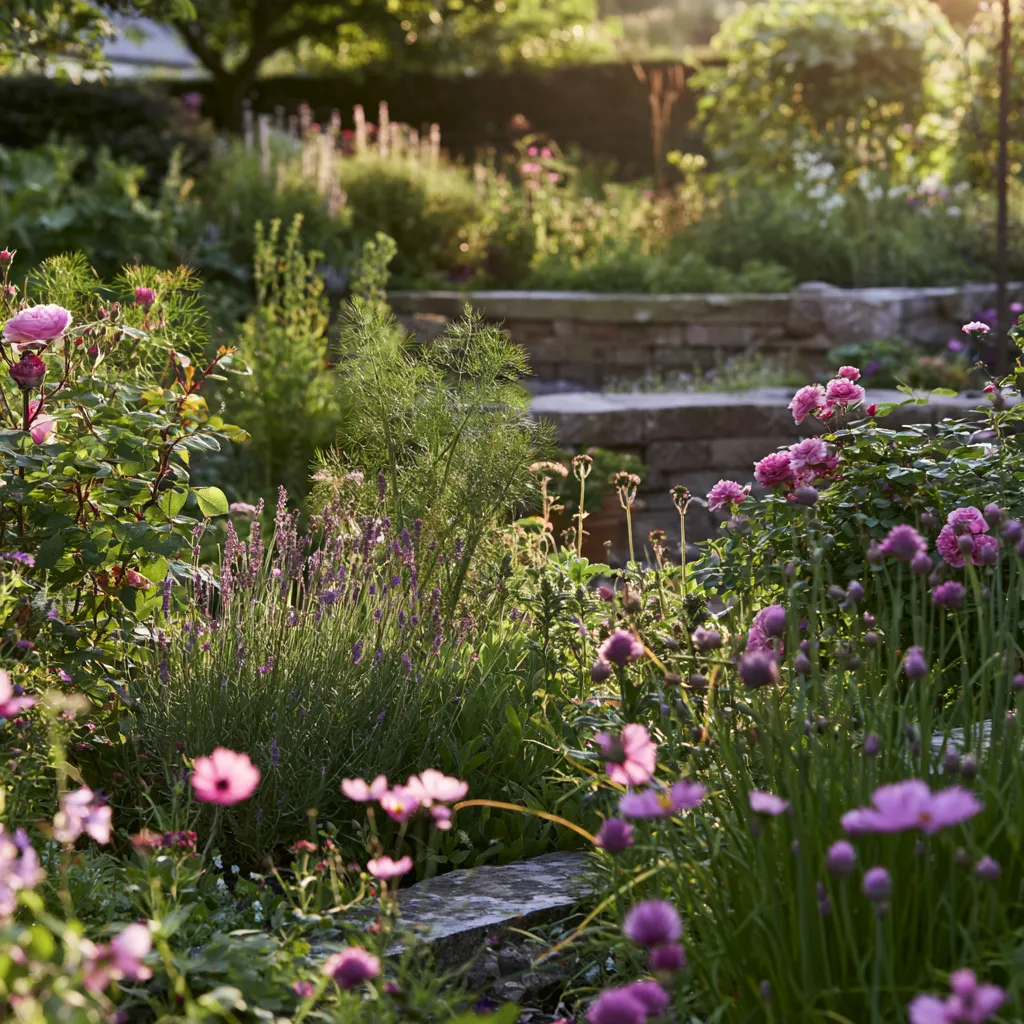 Cottage garden ideas with kitchen herbs bronze fennel and roses in mixed edible and ornamental border