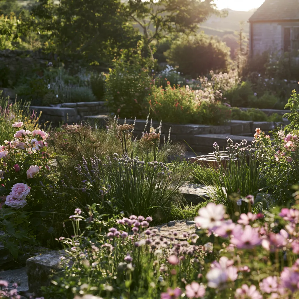 Traditional English garden planting plan integrating herbs lavender and cosmos with ornamental rose border