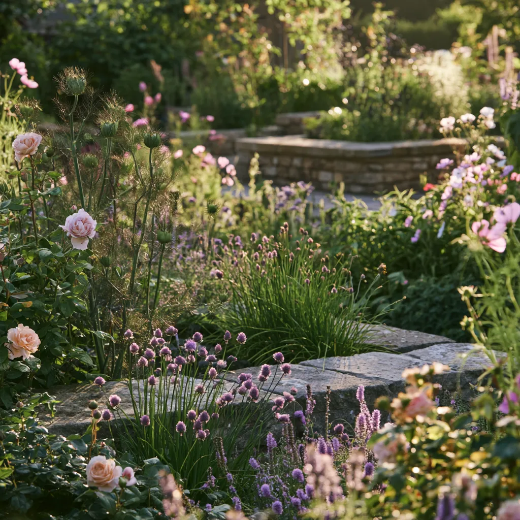 Cottage kitchen garden design with mixed herb and flower planting of fennel chives lavender and rose