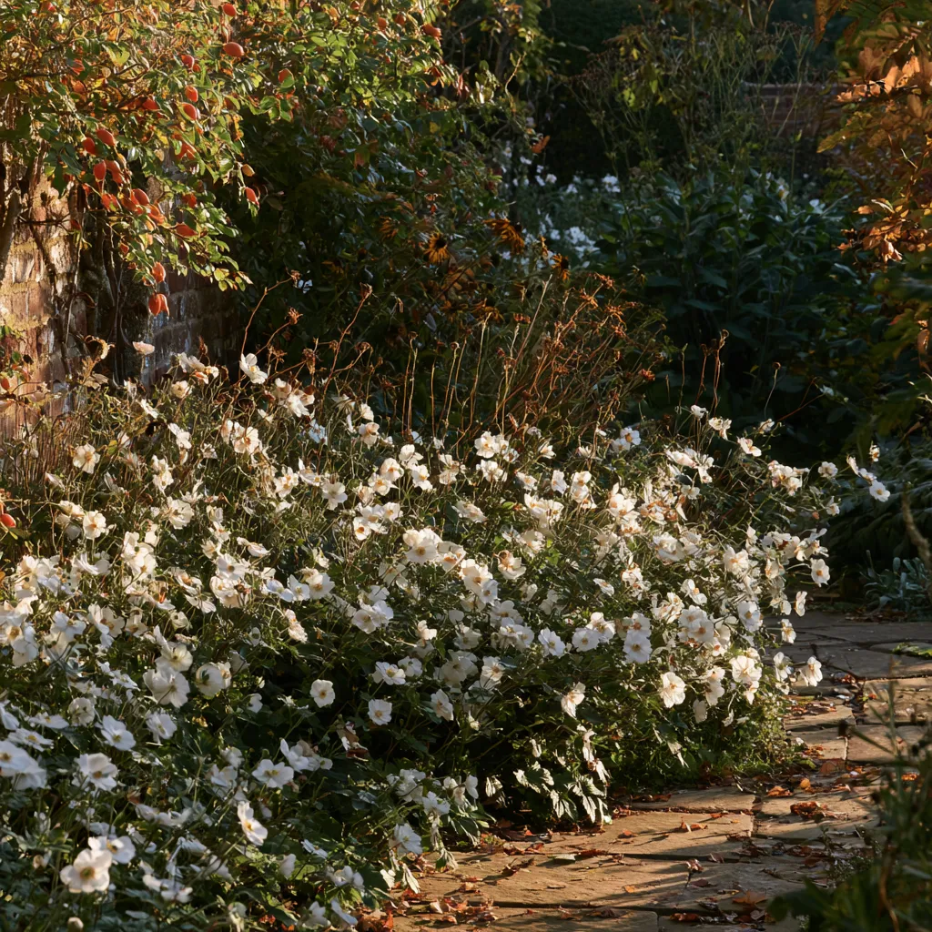 Cottage garden design ideas for October with Anemone Honorine Jobert and Rudbeckia seed heads in warm autumn light