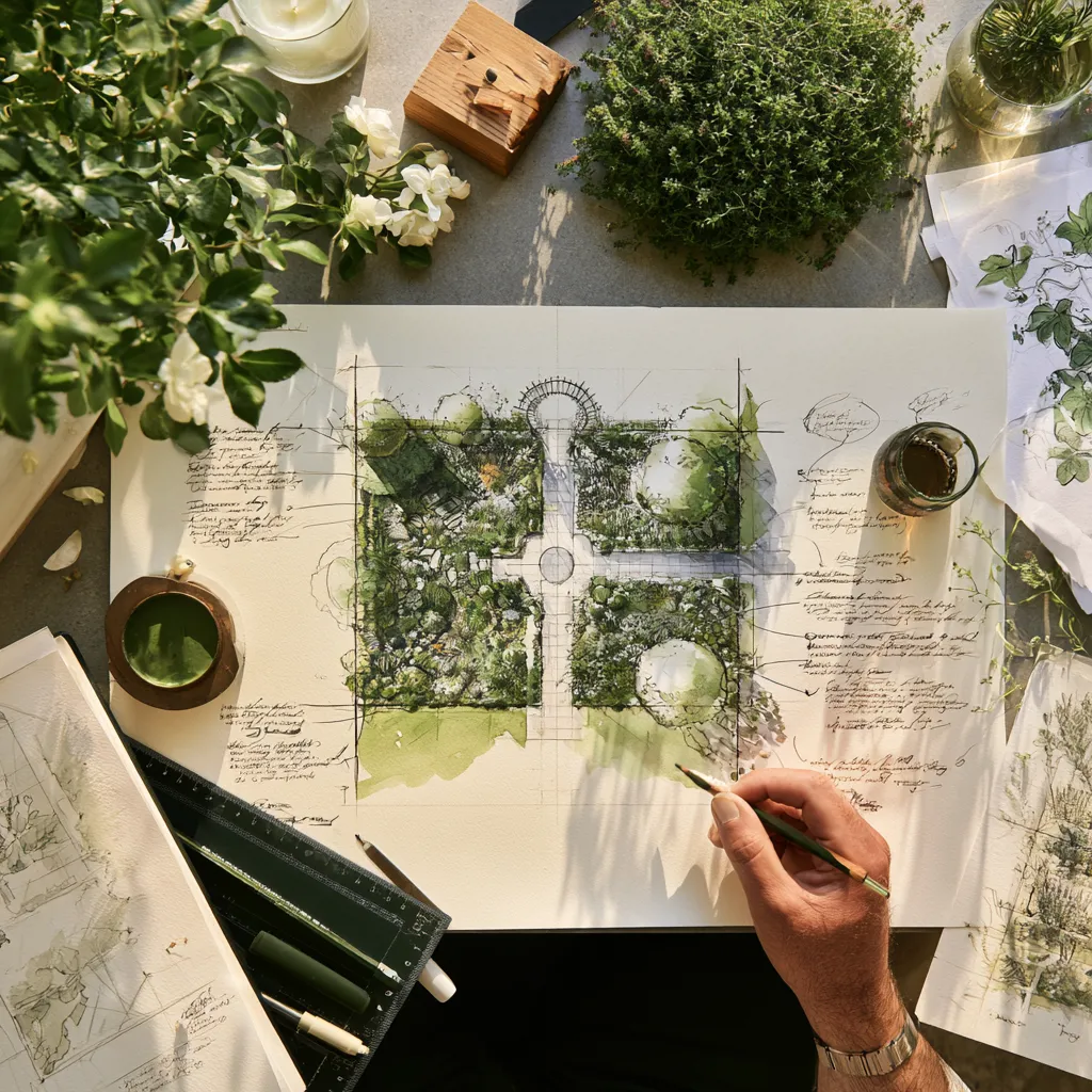 Overhead cottage garden planting plan illustration showing border height zones path and structural elements