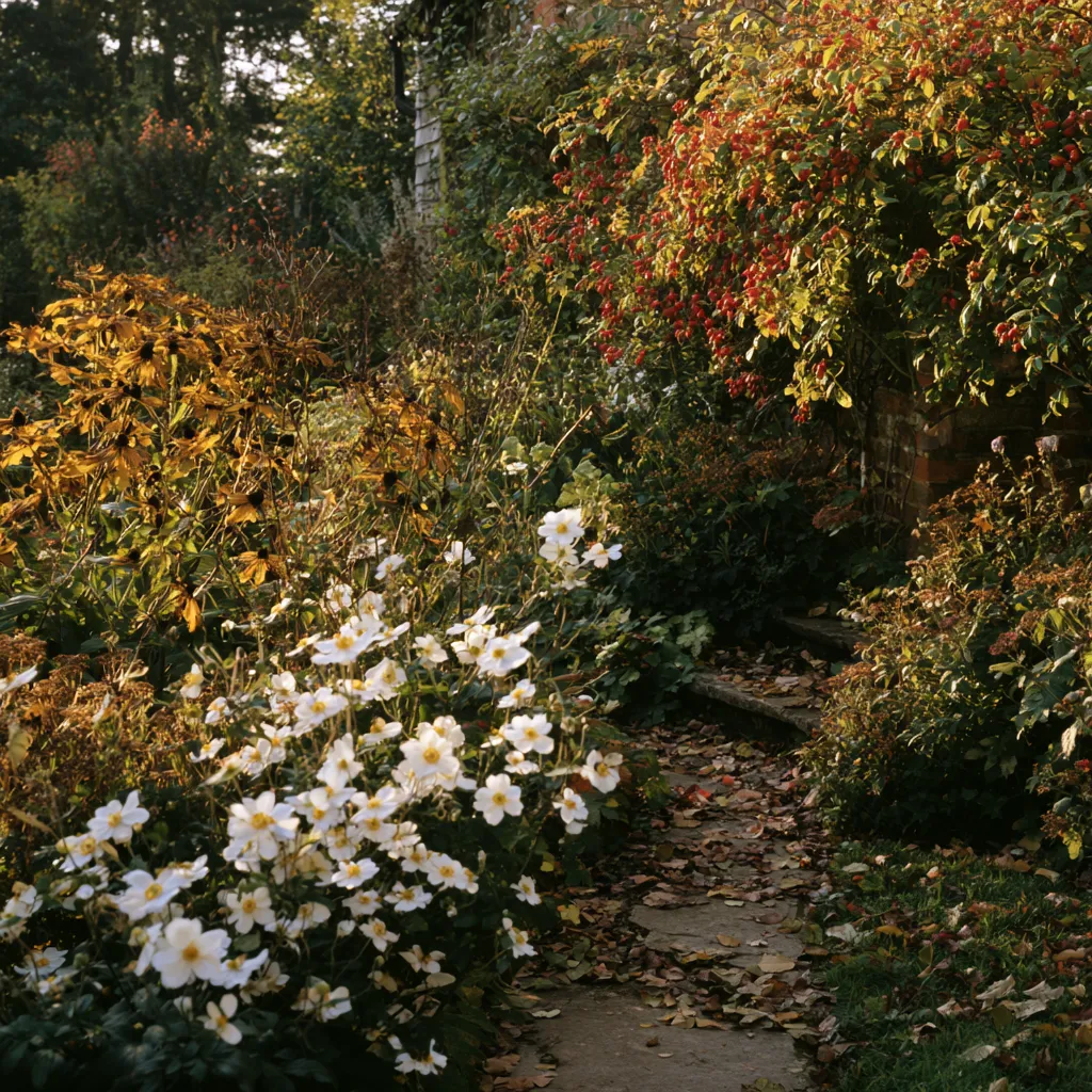 Late season English garden planting plan showing autumn border of white anemone rudbeckia and rose hips