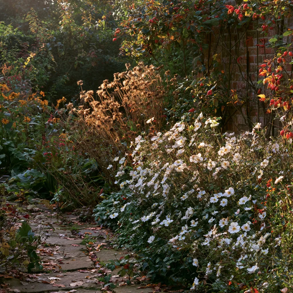 English cottage garden border in October with late perennials seed heads and fallen leaves in low autumn sun