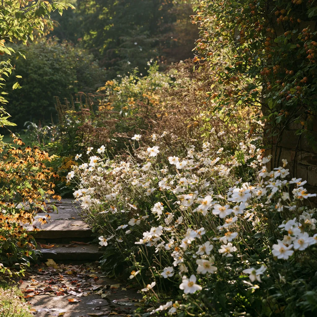 English cottage garden in autumn with late-season white anemone golden rudbeckia and rose hips along stone path