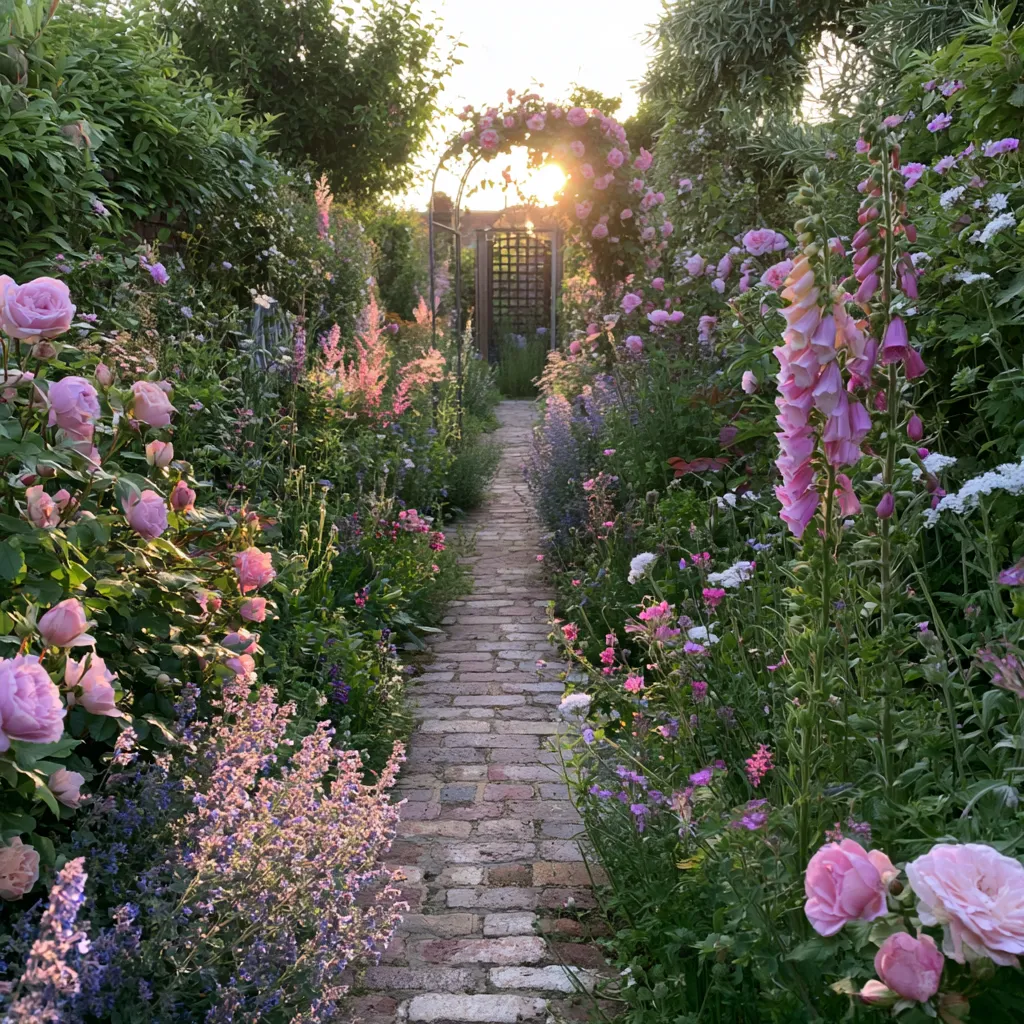 Cottage garden planting plan for small backyard with brick path roses catmint and metal arch