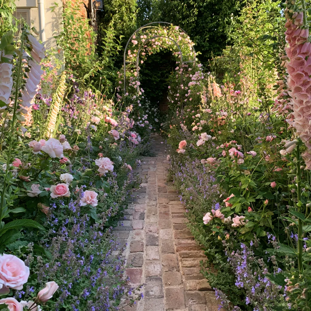 English cottage garden design for small space with mixed perennial border and climbing rose focal point