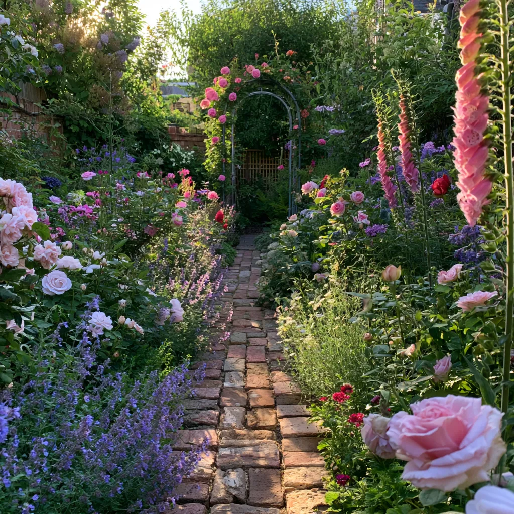 Small English cottage garden design with brick path and mixed border planting plan of roses and foxgloves