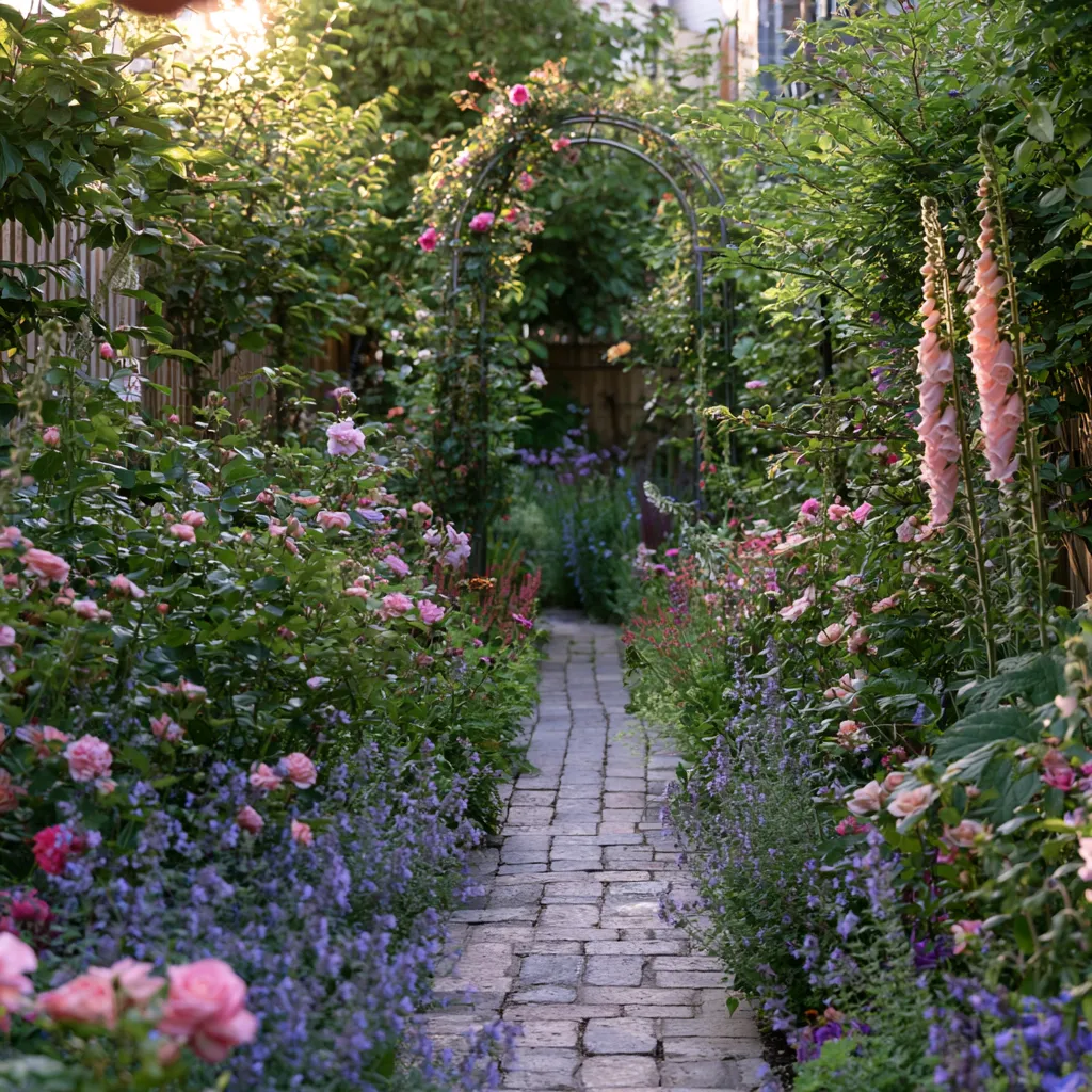 Urban cottage garden ideas with central path mixed perennial borders and climbing rose arch in small garden