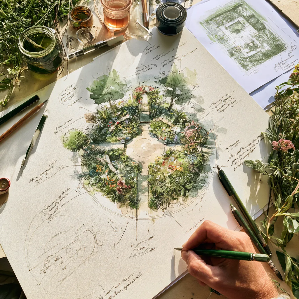 English cottage garden planting plan layout sketch showing border zones, central path and rose arch structure