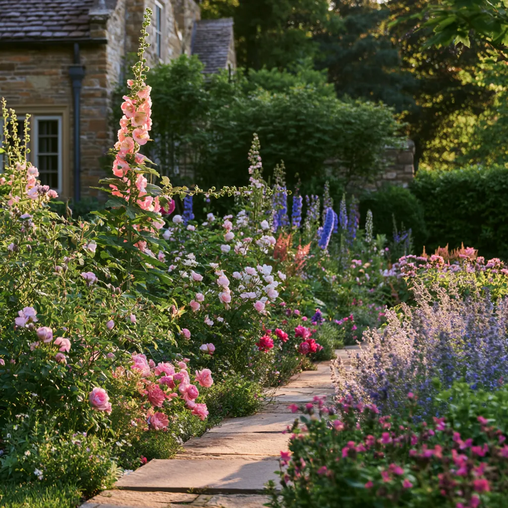 Cottage garden border ideas showing traditional English planting plan with tall and low perennials in summer