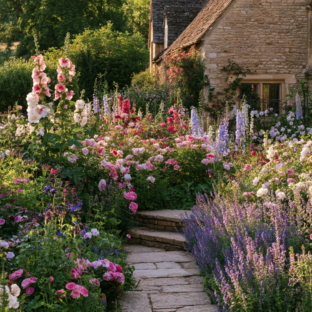 English cottage garden design ideas with mixed summer border of hollyhocks roses and delphiniums along stone path