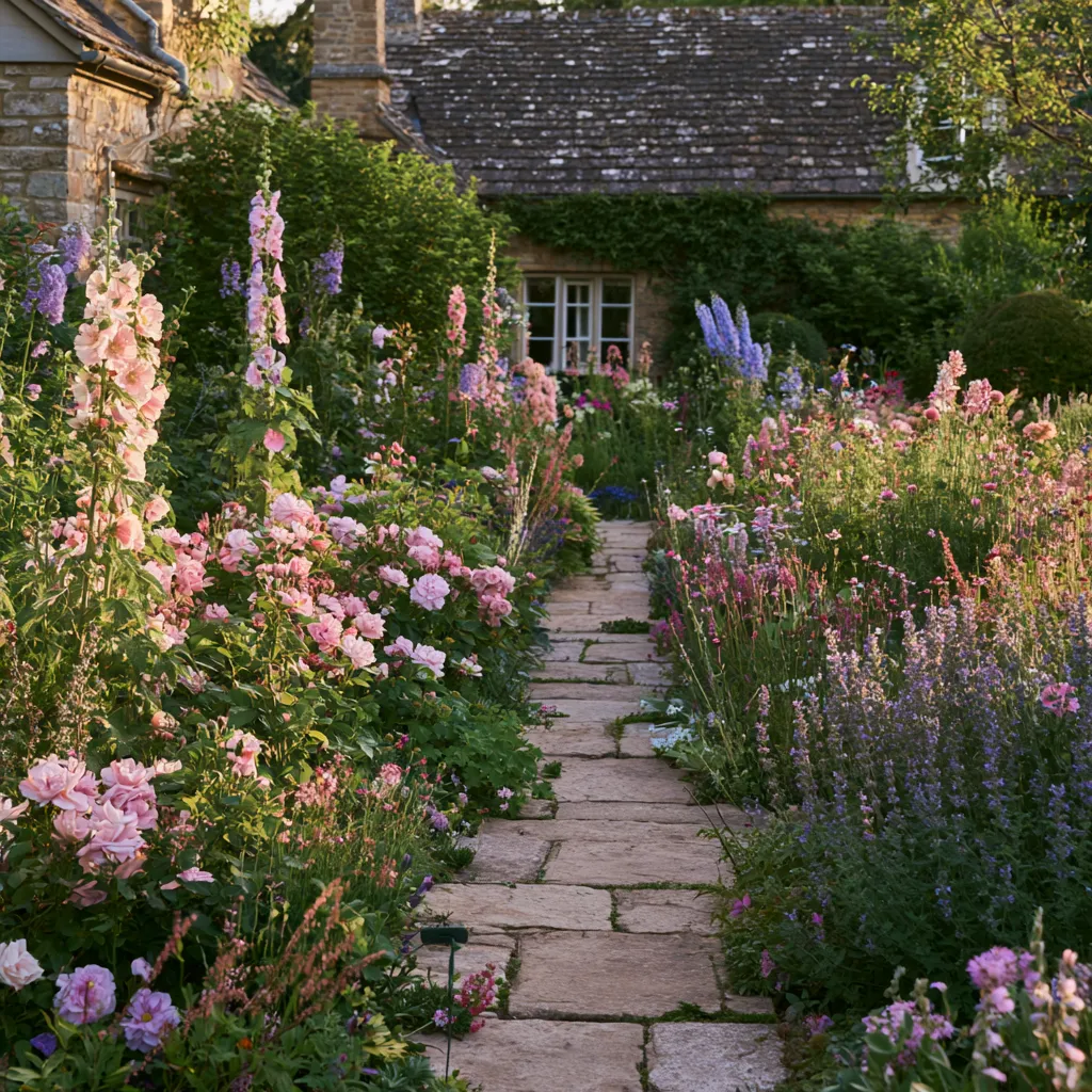 Classic cottage garden planting plan with overflowing mixed border in full July bloom beside stone cottage