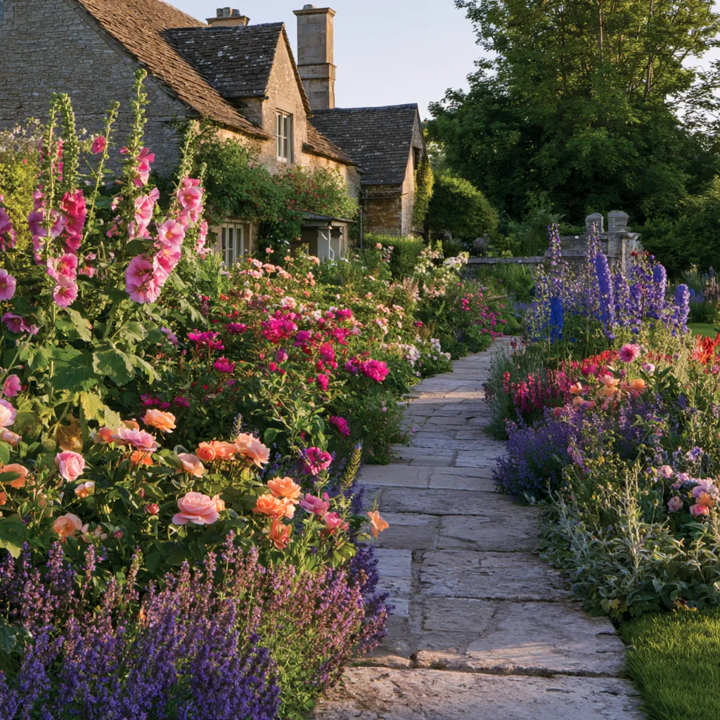 English garden design with romantic mixed planting of roses hollyhocks and catmint in warm afternoon light