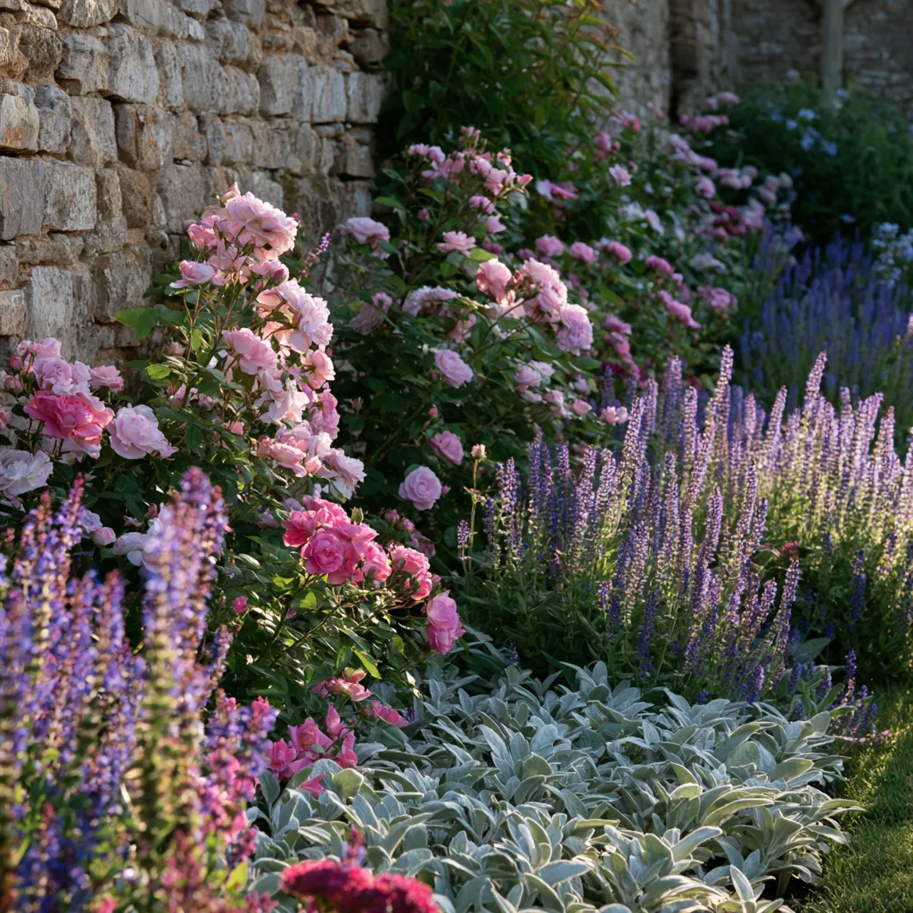 Cottage garden design ideas showing pink blue silver colour palette border beside old stone wall in bloom