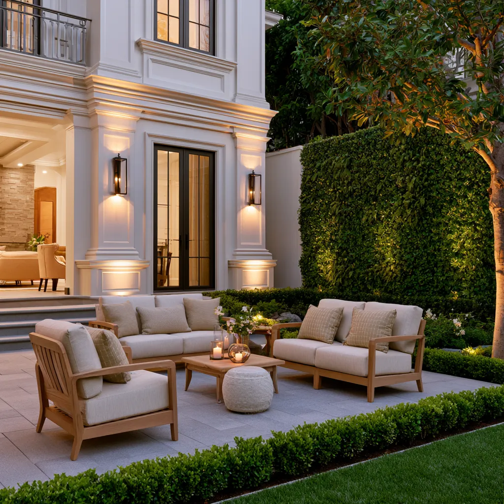 Stunning exterior decor ideas showcasing a layered facade with moldings and patio furniture at golden hour