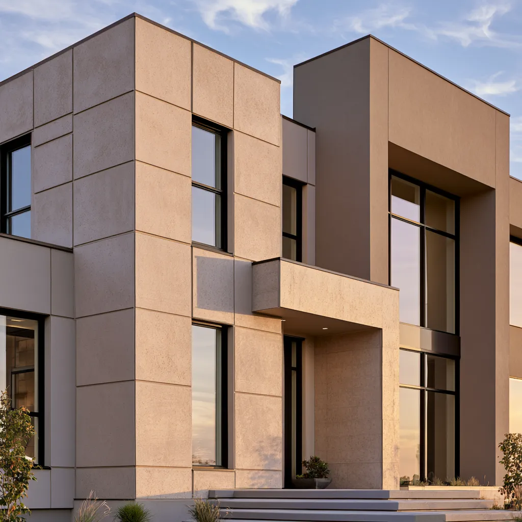 Bold exterior decor with mixed-material facade and dark moldings in warm gray tones