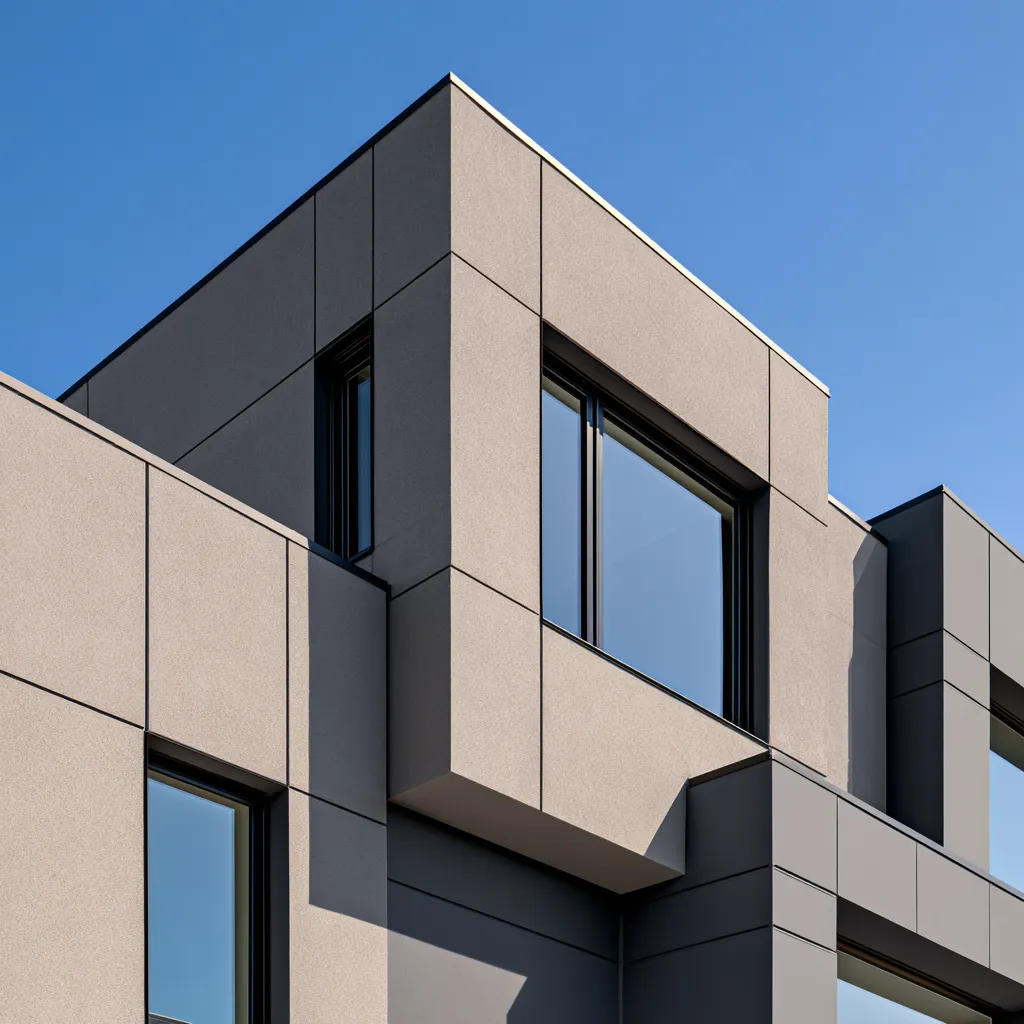 Home exterior color palette featuring monochromatic blocking with stucco and dark window trim
