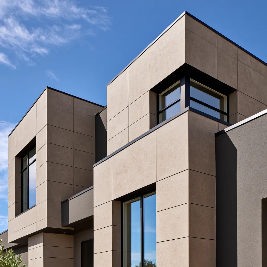 Architectural facade decoration showcasing mixed materials and black molding contrast