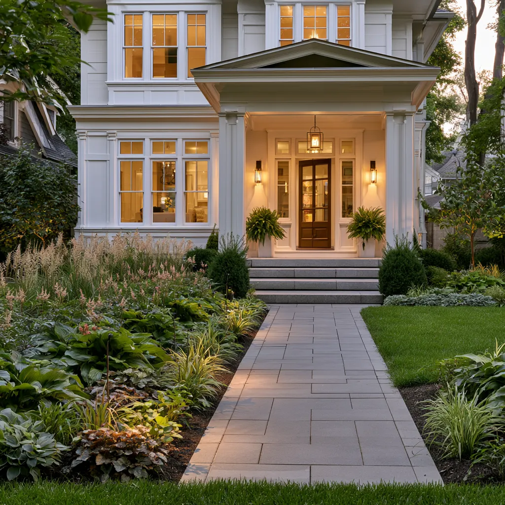 Complete home exterior decor with classical moldings, native border planting, and stone pathway at dusk