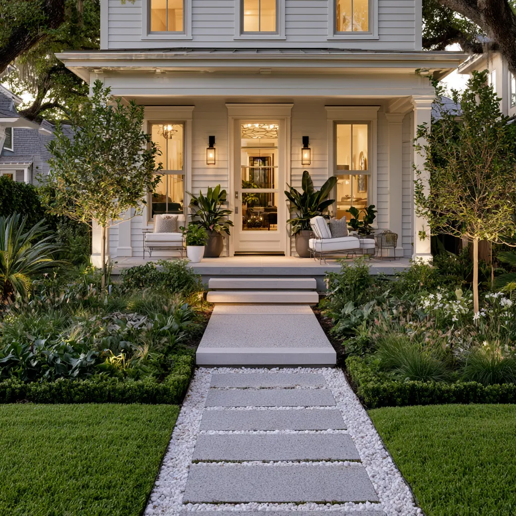 Residential exterior decoration featuring facade trim, permeable pathway, and porch lighting in evening