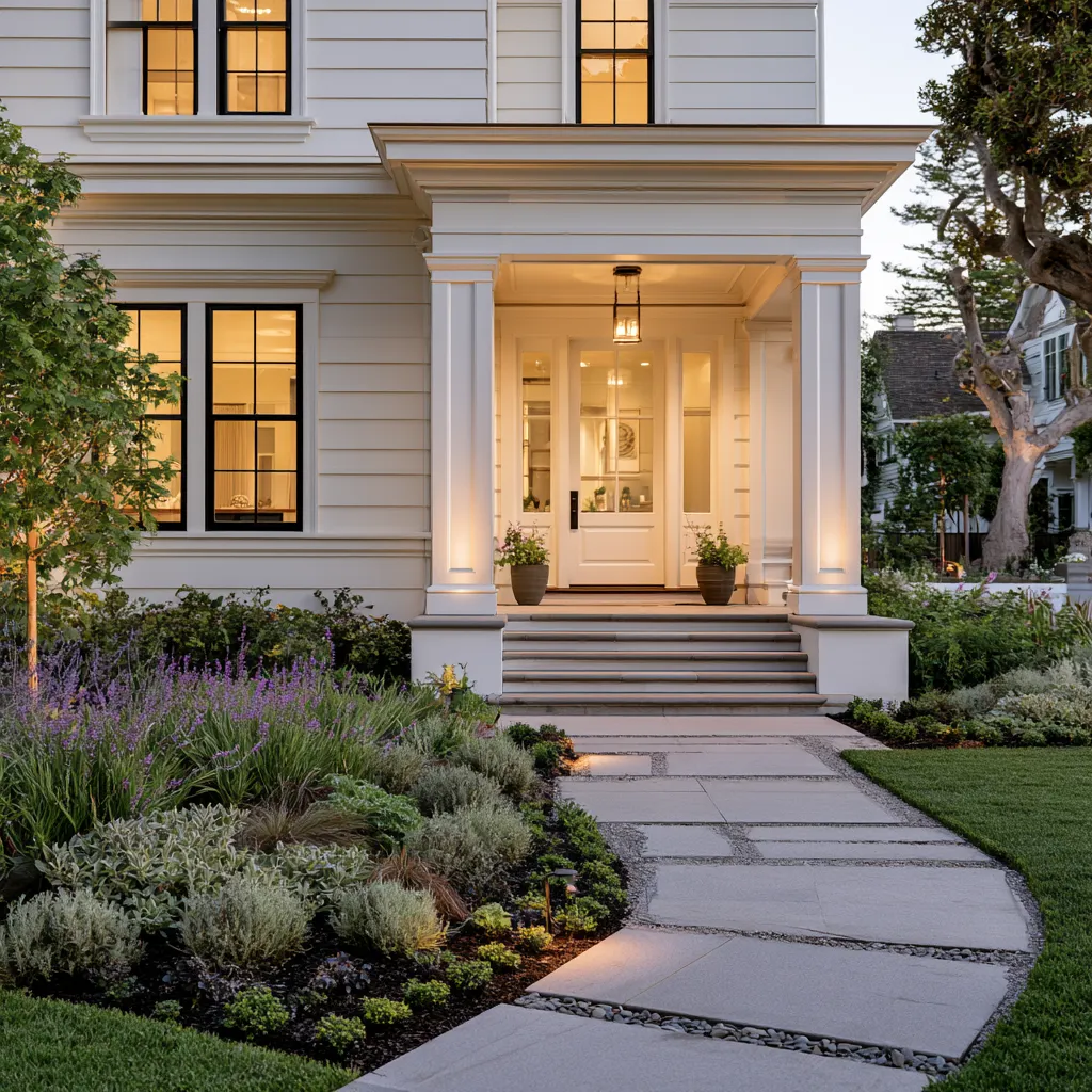 House exterior decor composition combining facade details, landscape framing, and ambient outdoor lighting