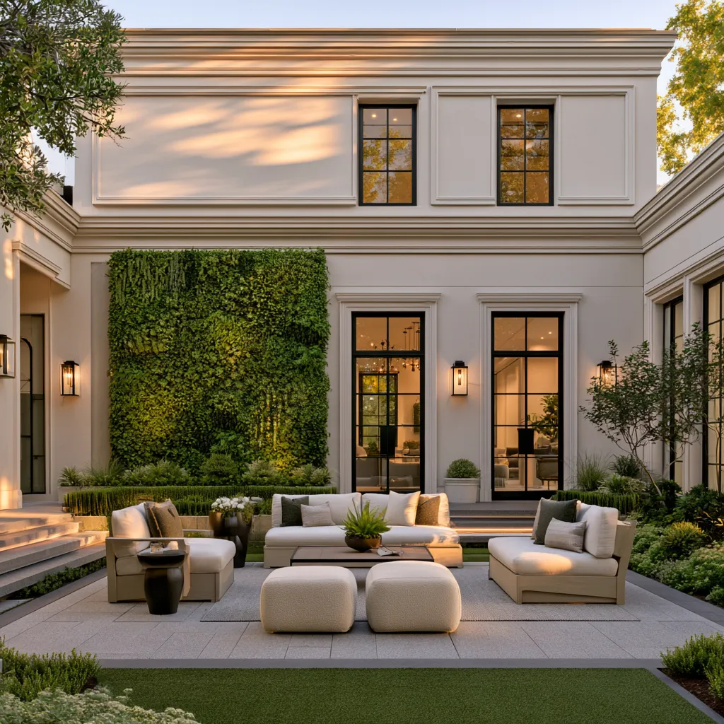 Home exterior decoration featuring vertical garden wall and warm-toned furniture on a paved terrace