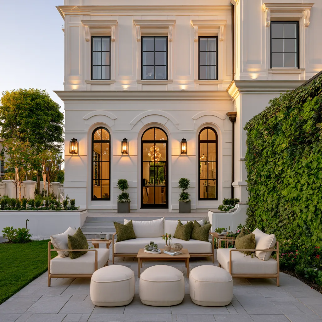 Creative outdoor exterior decor with architectural molding details and lush landscaping at mid shot