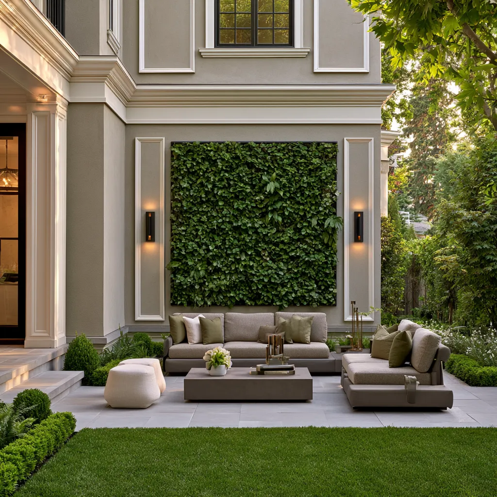 Modern house exterior decor combining facade trim, patio seating, and vertical plants in natural light