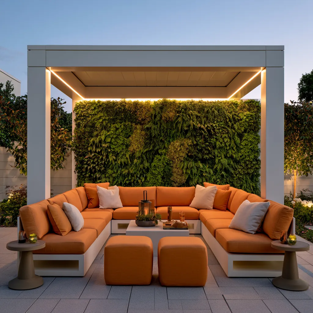 Outdoor living space with exterior patio decor featuring warm furniture and modern shade pavilion
