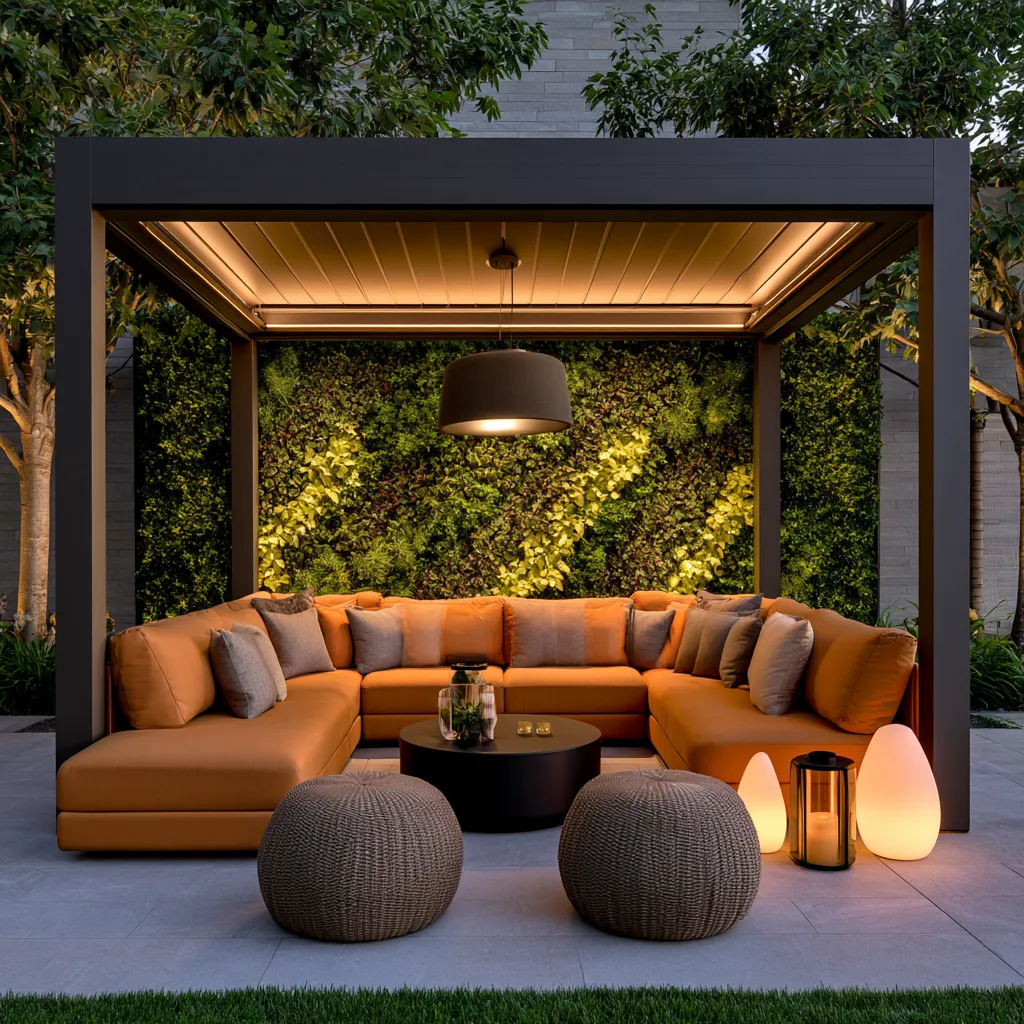 Backyard exterior decoration idea with vertical garden wall and ambient patio lighting at dusk