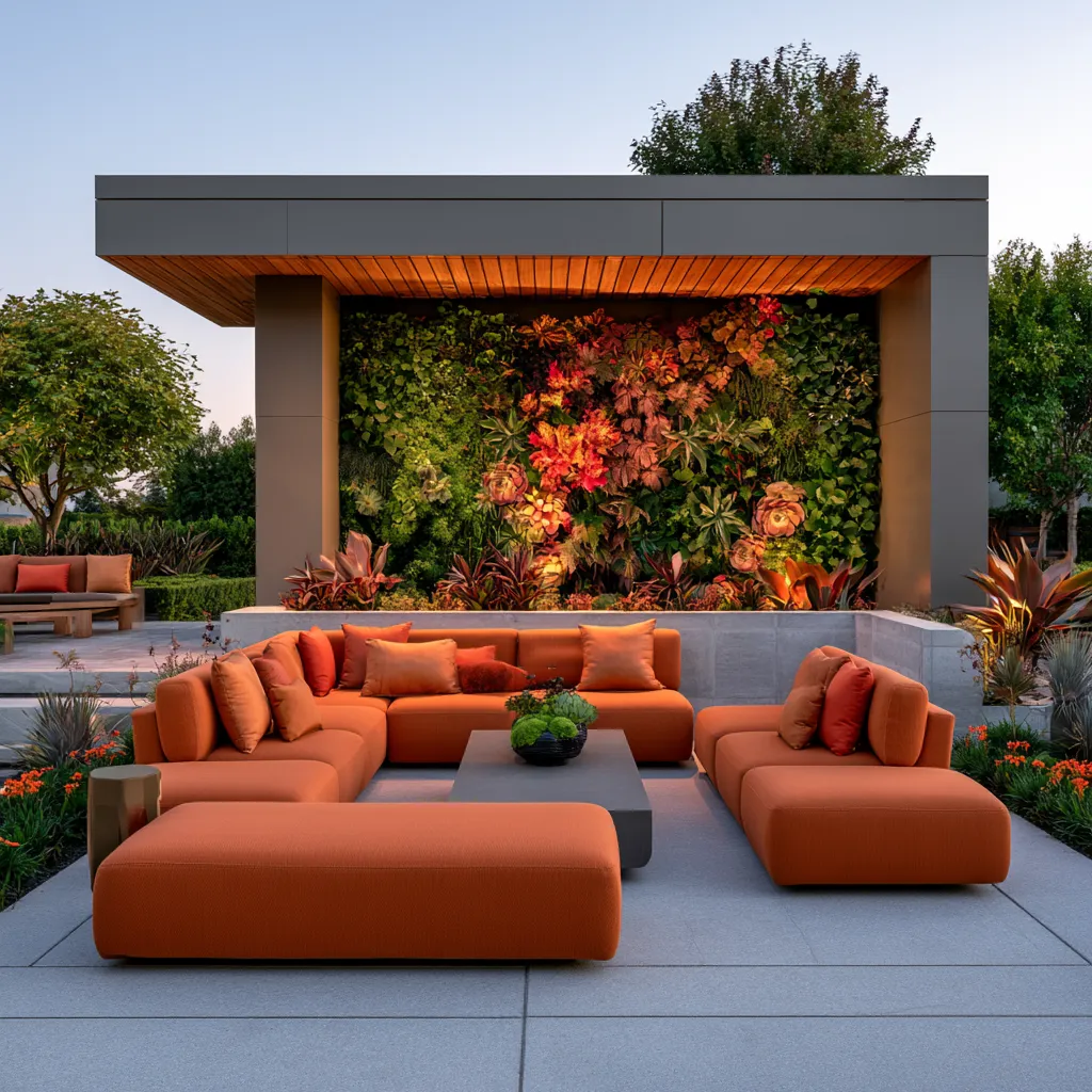 Patio exterior decor showcasing pavilion structure, warm-toned seating, and lush green backdrop