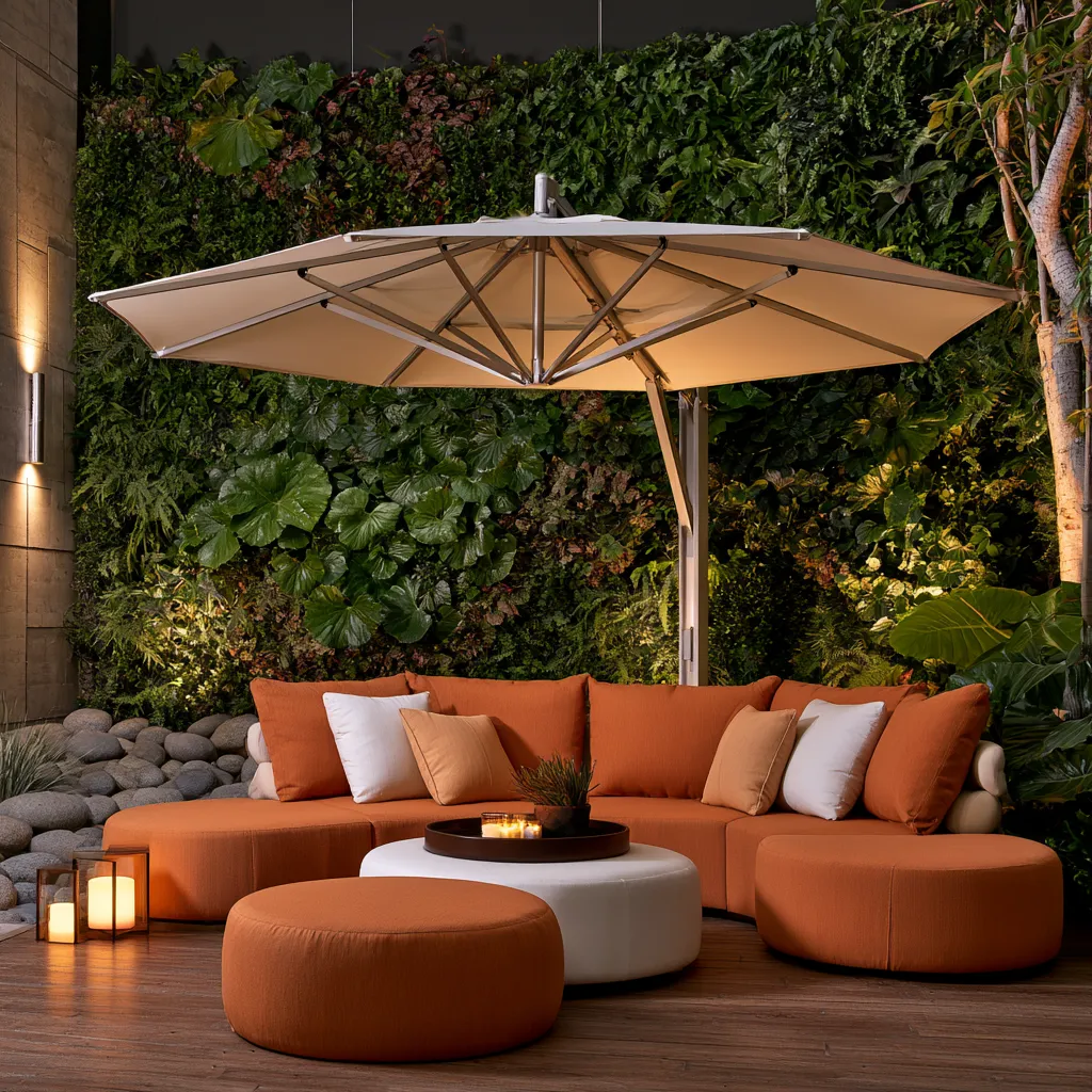 Residential outdoor decor exterior with layered furniture, greenery, and evening mood lighting