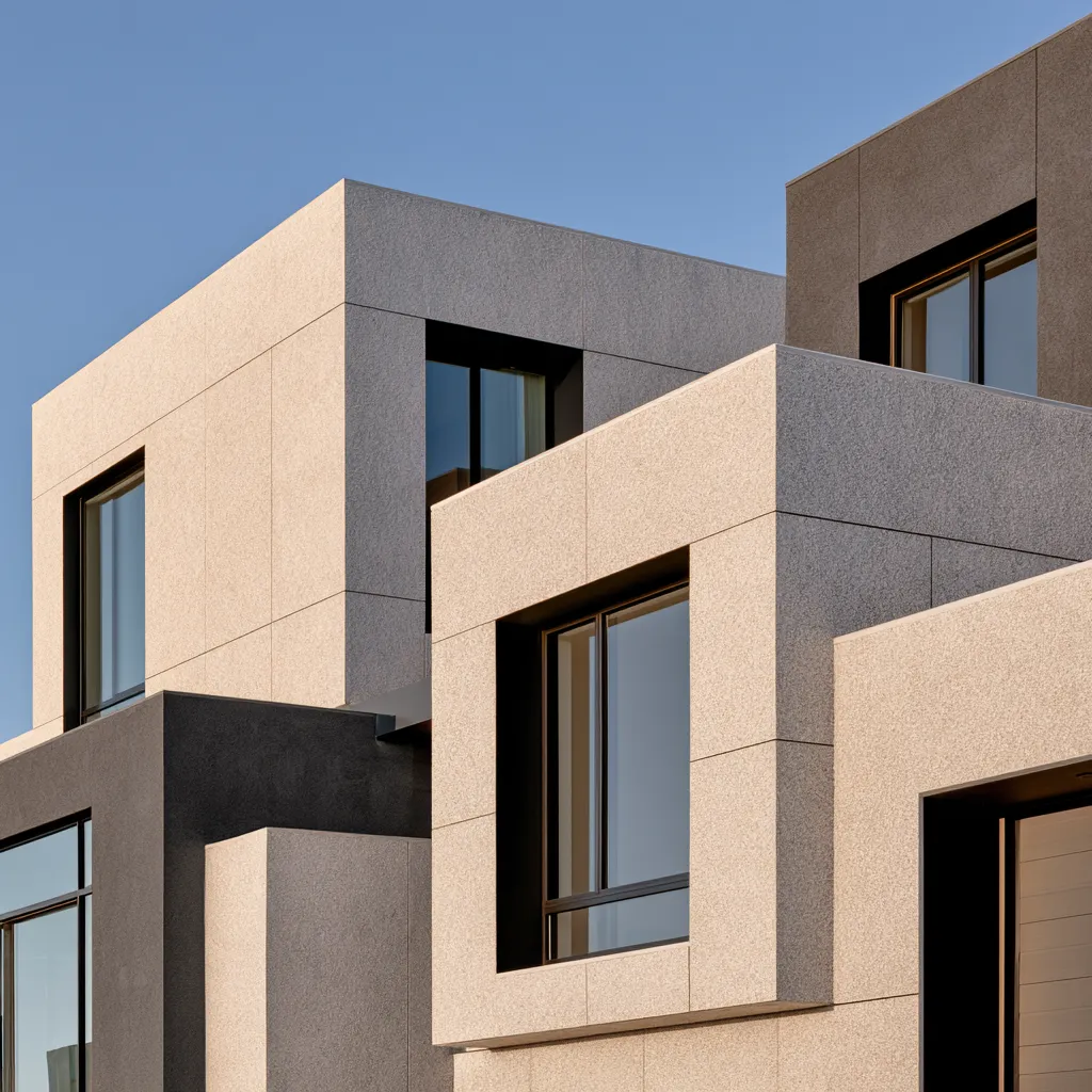 Exterior house decoration with warm gray paint, stucco panels, and bold window surround details