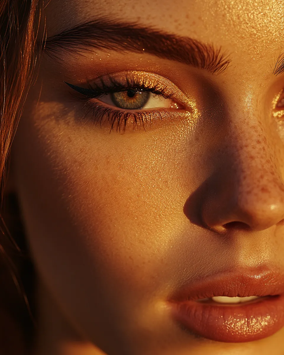 Confident woman with hooded eyes wearing evening eye makeup done step by step with bold lifted wing and deep shadow