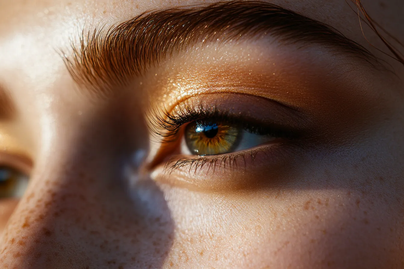 Macro beauty shot of eye makeup for hooded eyes with lifted crease and defined outer corner for beginners