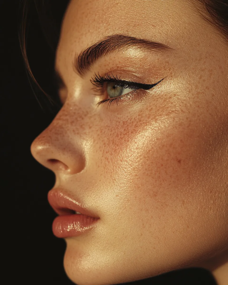Editorial side-light shot of hooded eye makeup result with step by step shadow placement clearly visible