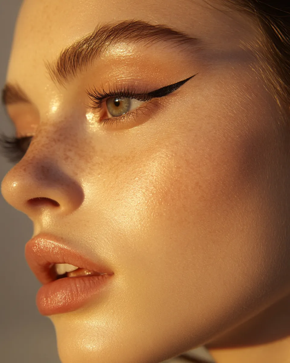 Side profile of woman with hooded eyes showing lifted wing liner result from beginner step by step eye makeup