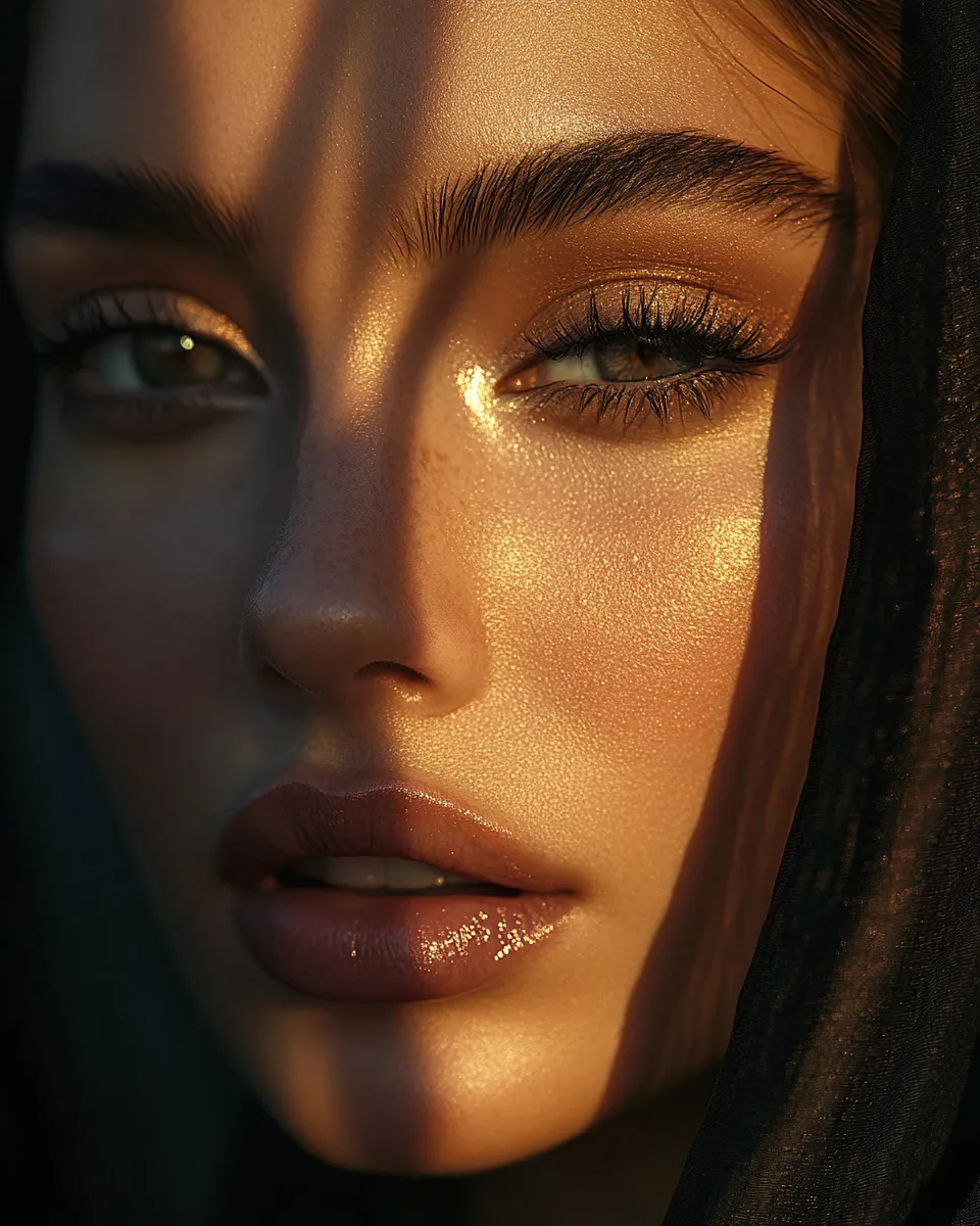 Golden hour beauty portrait of woman with hooded eyes and deep defined eye makeup result from beginner technique