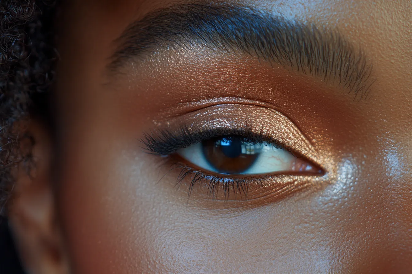 Close editorial eye shot showing how step by step eyeshadow technique for hooded eyes opens up the shape