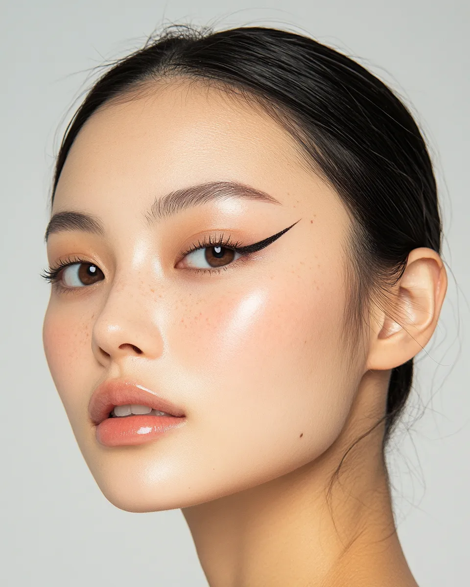 East Asian woman with monolid eyes wearing eyeliner look that actually opens them up with lifted outer wing