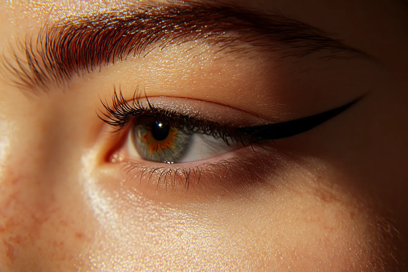 Extreme close-up editorial of eyeliner look for monolid eye showing floating line that actually opens the eye shape