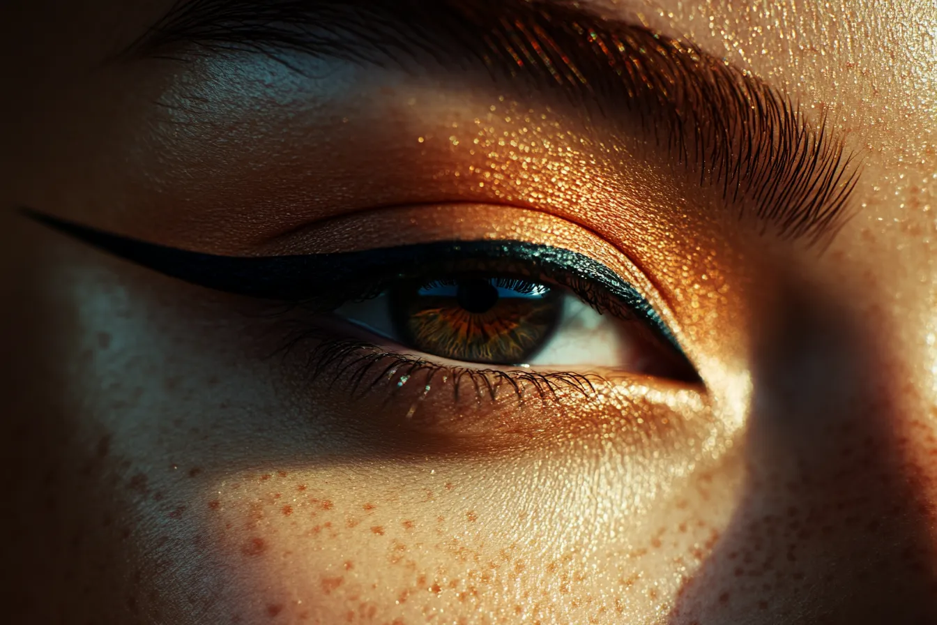 Detail shot of monolid eye liner technique that opens up the eye with floating line positioned above the lid fold