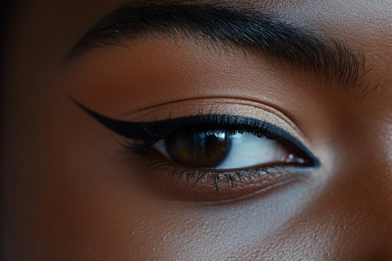 Ultra close macro of monolid eyeliner look showing the exact liner placement above the fold that opens the eye up