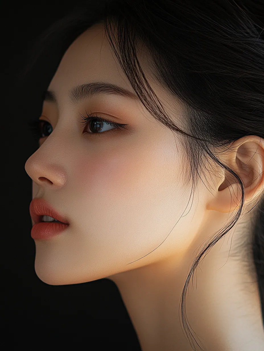 Angled editorial portrait of monolid eye doubling liner look with lash line and floating line both visible above fold